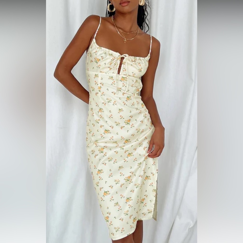 Princess Polly cream floral midi dress with adjustable straps and tie detail